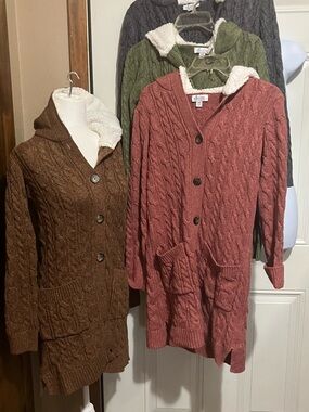 Denim&Co Cable Knit Hooded Cardigan Sweater - Brown, Charcoal, Olive Dusty Rose